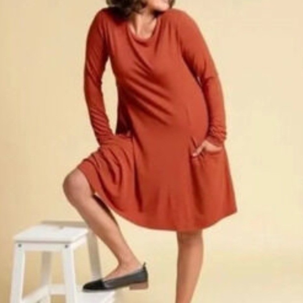 Betabrand Travel Swing Dress Pumpkin Orange Silk Modal‎ BLEND Pockets S NEW Soft